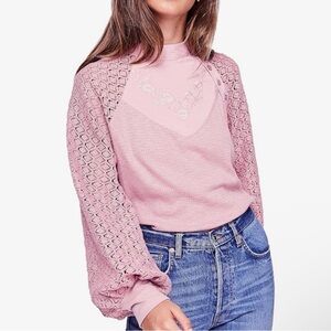 Free People Pink Lace Sleeve Pullover Top
